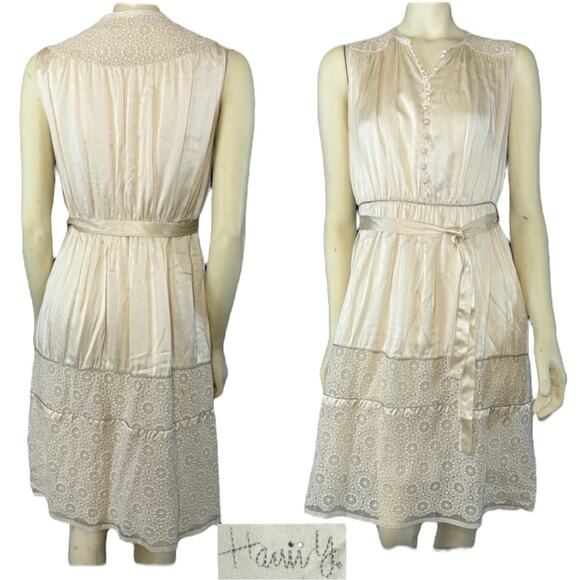 Hanii Y cream Silk sleeveless belted dress buttoned chest & lace size small - Picture 1 of 11